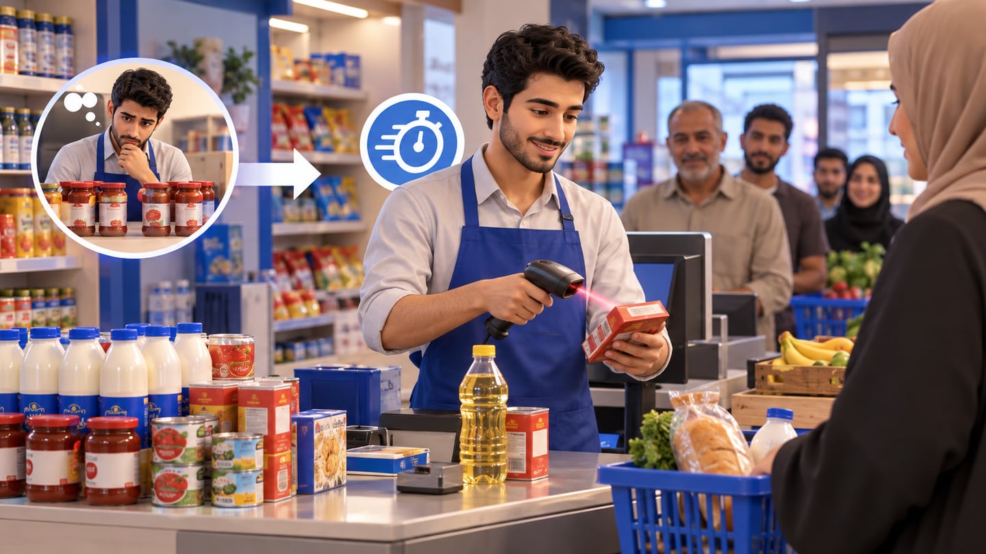 3D illustration of how does barcode checkout improve speed? for Grocery Store and Mini-Market Software in Iraq