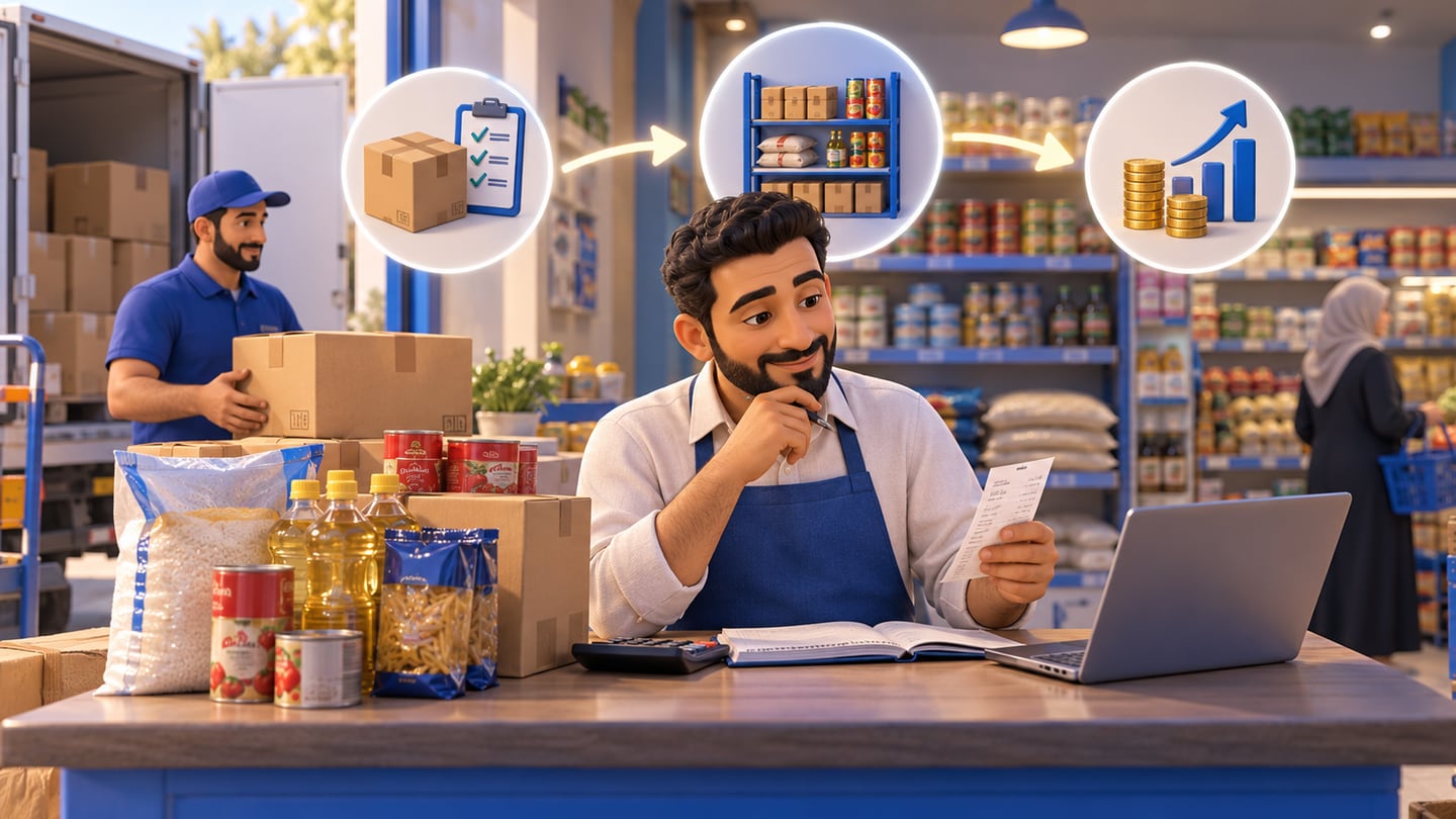 3D illustration of how do purchases connect to profit? for Grocery Store and Mini-Market Software in Iraq