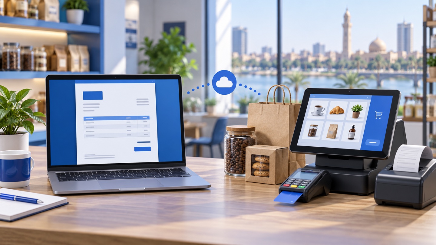 3D comparison of a digital invoice screen and a retail POS checkout