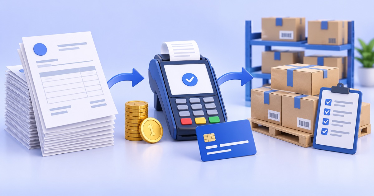 3D sales invoices linked to POS payment terminal and stock boxes