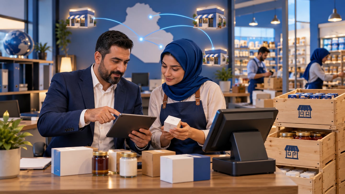 مدير فرع وصاحب العمل يراجعان المنتجات والمخزون قرب الكاشير