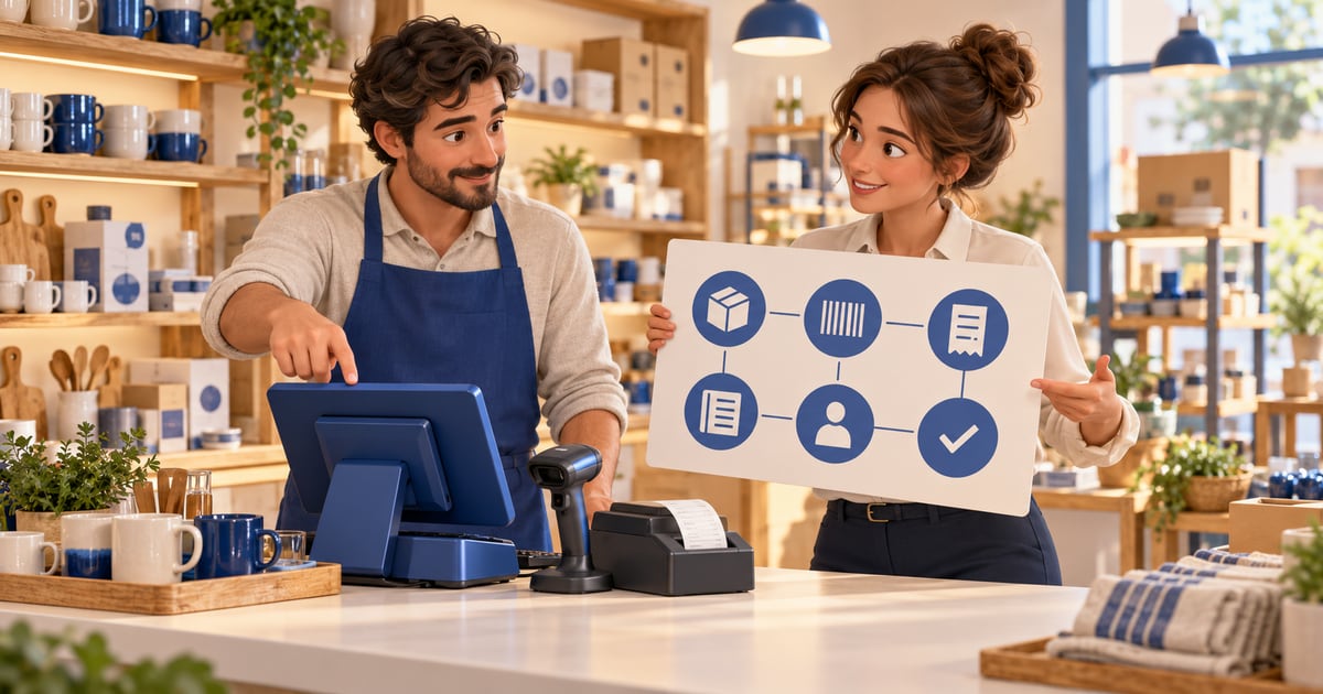 Shopkeeper and adviser comparing a board of business process icons beside a checkout terminal, barcode scanner and receipt printer