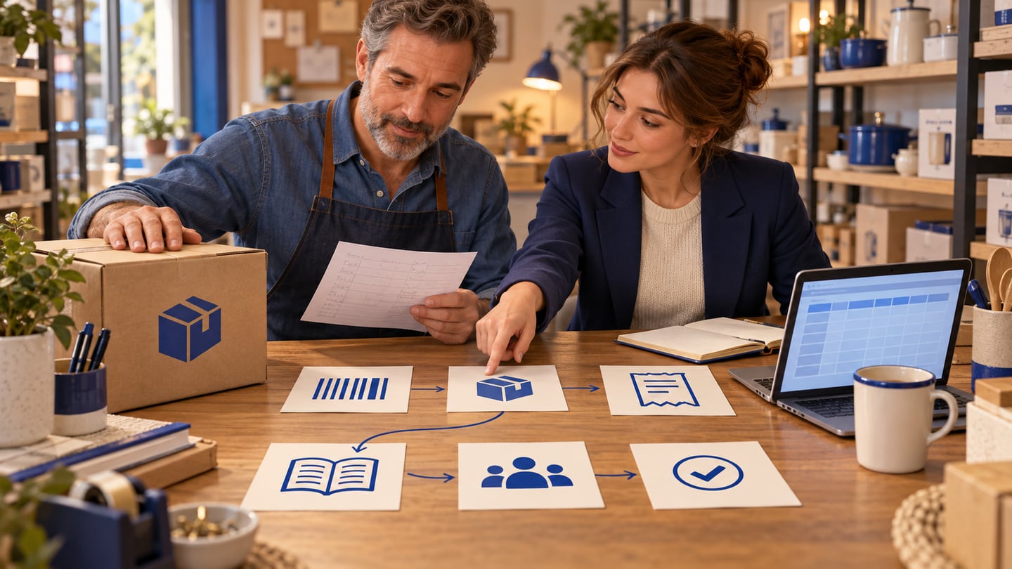 Shop owner and consultant mapping barcode, stock, receipt, accounting, staff and check icons beside a carton and laptop