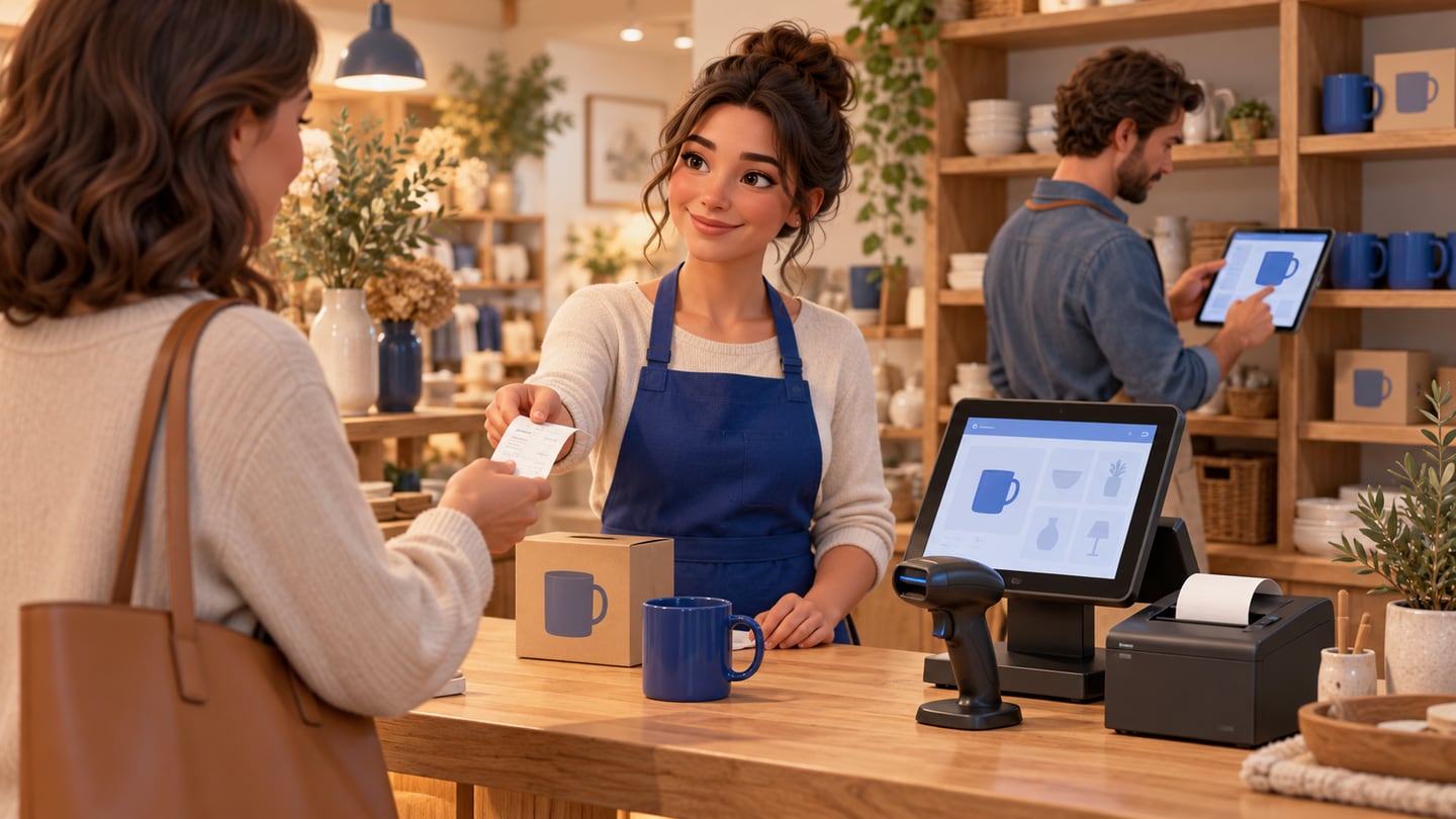 Cashier handing a receipt to a customer beside a blue mug, boxed product, barcode scanner and checkout terminal while the owner checks shelf stock