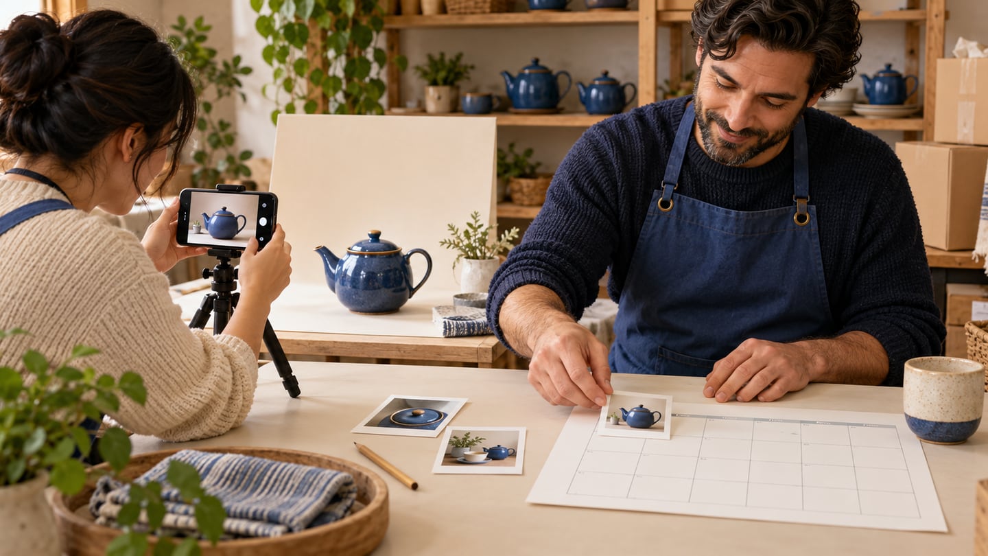 Shop team photographing a blue teapot and placing product photo cards on a weekly content calendar beside available stock