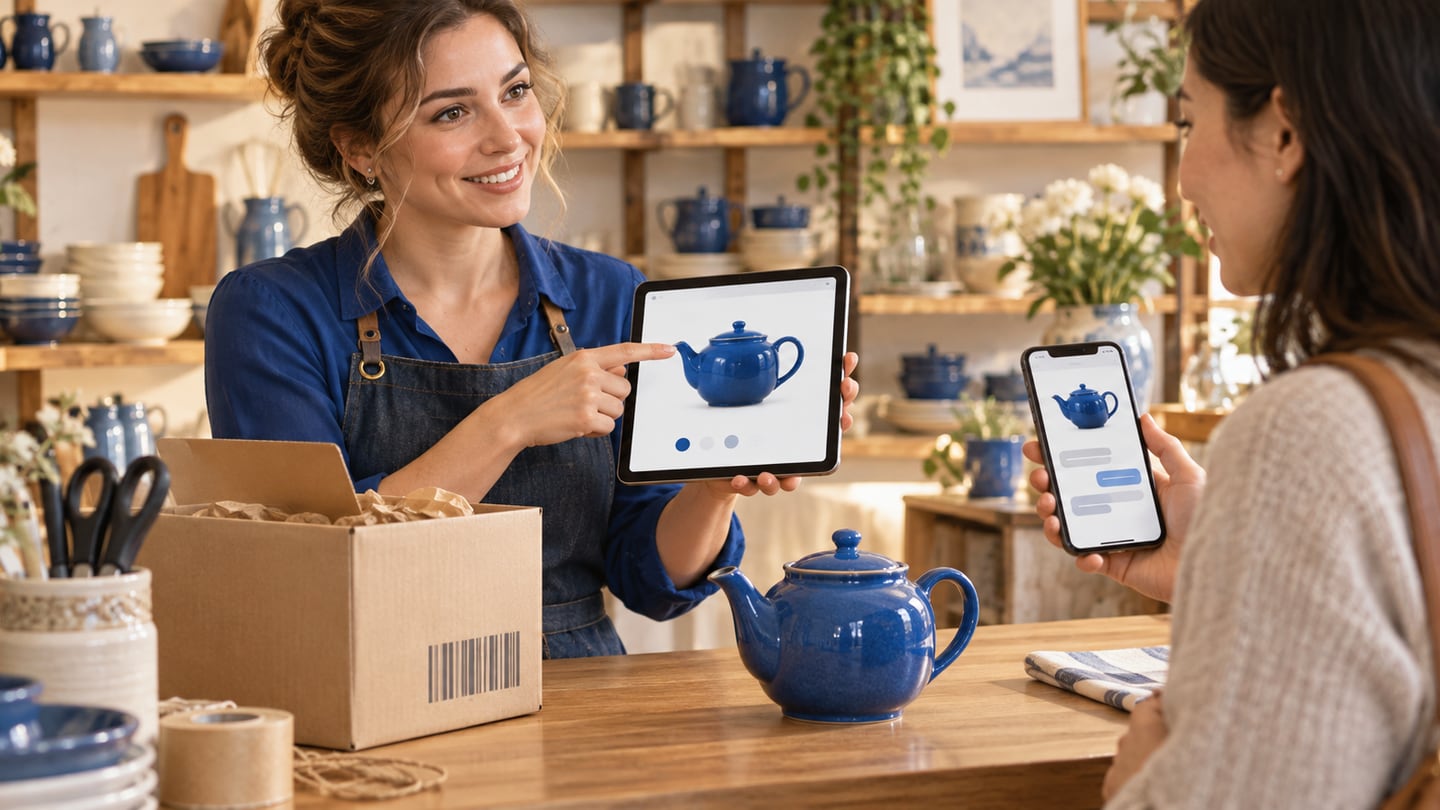 Shopkeeper and customer viewing the same blue teapot on a tablet and phone beside the physical product