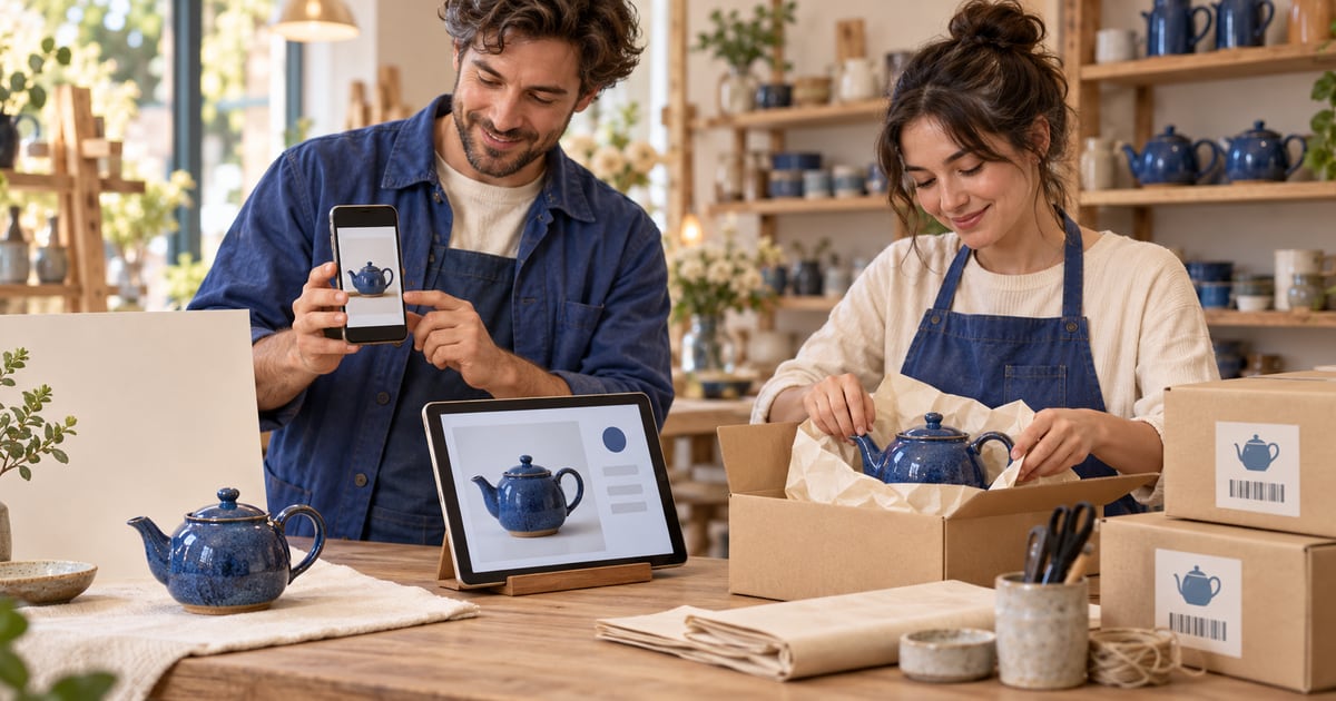 Shop owner reviewing a blue teapot photo on a phone while an assistant packs the matching teapot for an order