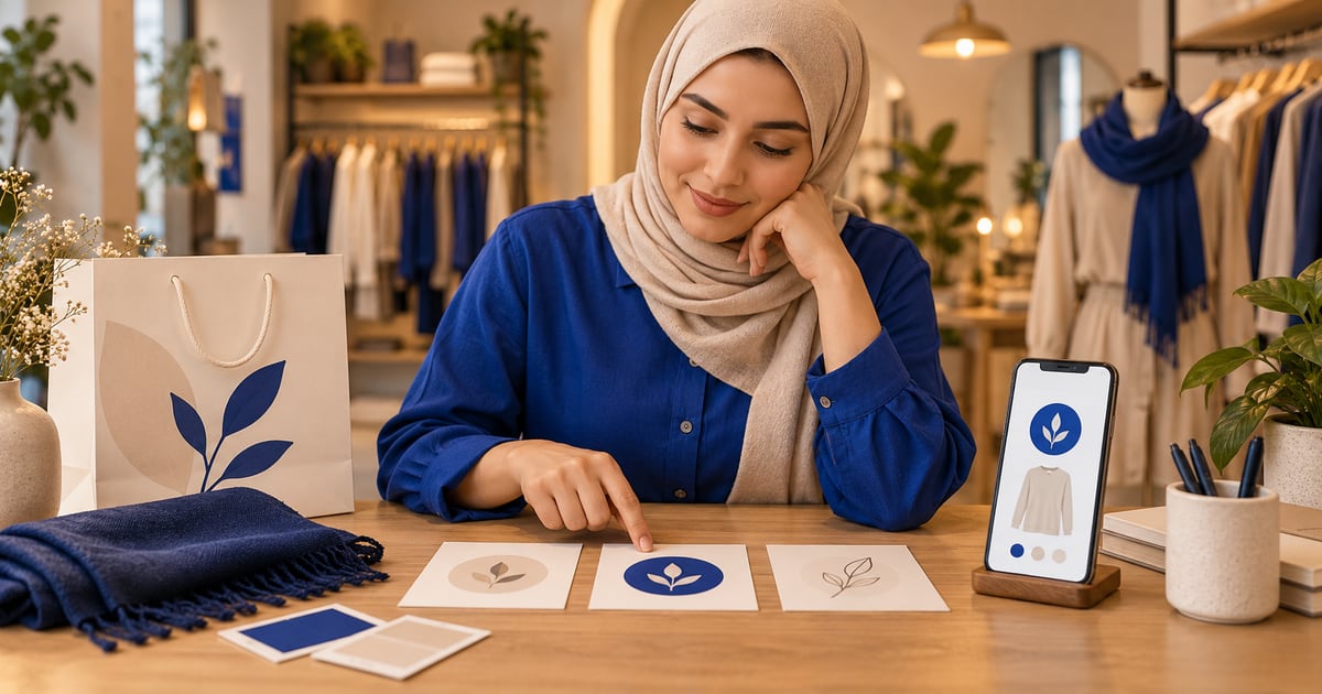 Shop owner comparing three leaf-logo concepts beside a phone, shopping bag, folded scarf and color swatches