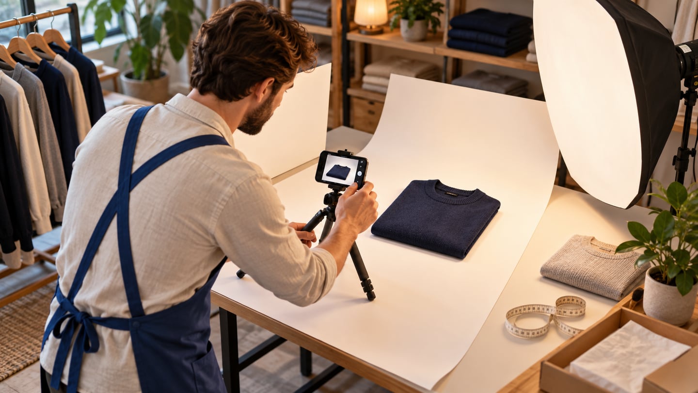 Shop assistant photographing a folded navy sweater with a phone on a tripod against a cream backdrop and light reflector