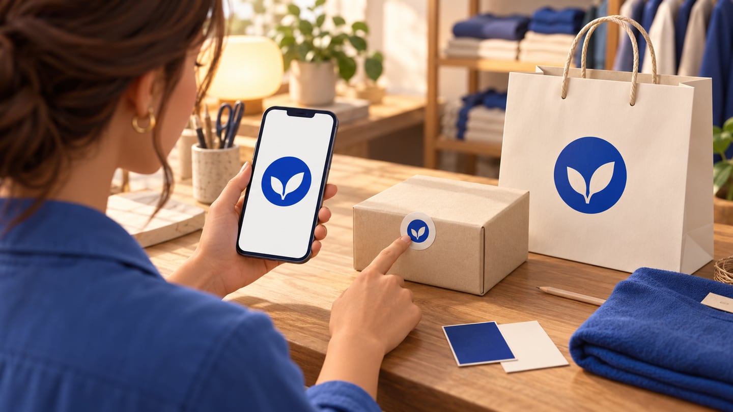 Store owner comparing a blue leaf icon on her phone, a small box sticker and a shopping bag