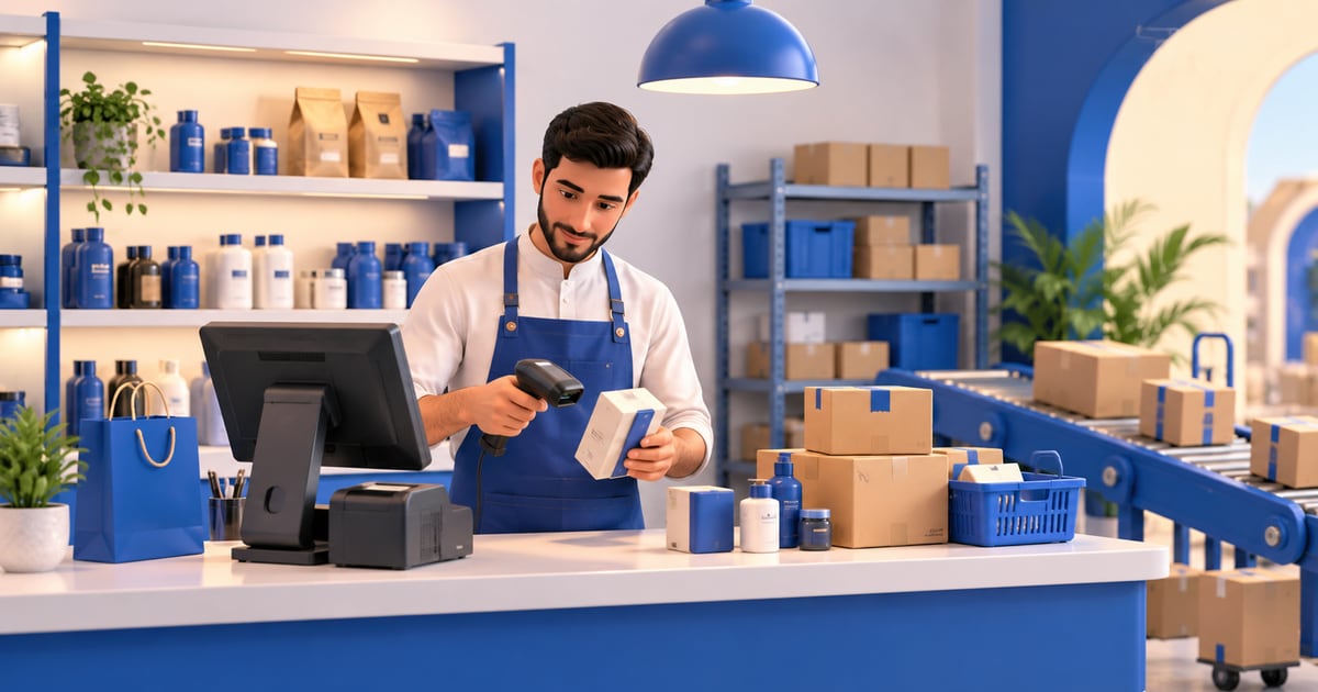3D scene illustrating Online Store Software in Iraq: POS, Stock and Orders and its day-to-day business workflow