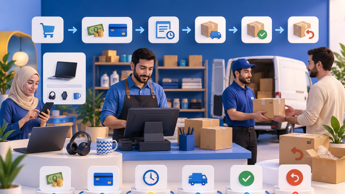 3D illustration of payments and delivery should appear in the order workflow for Online Store Software in Iraq: POS, Stock and Orders