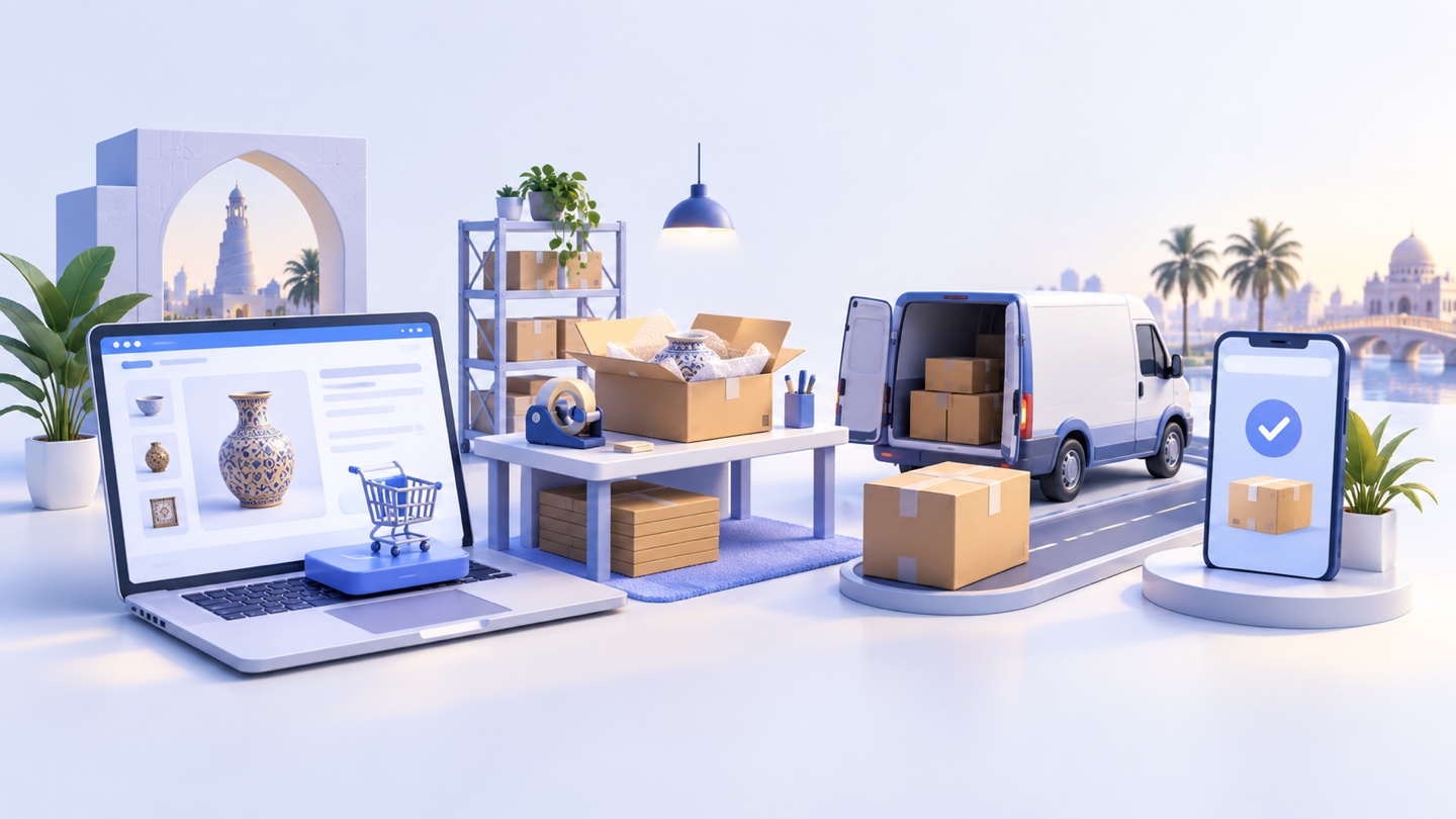3D illustration of online checkout followed by packing table, courier parcel and delivery confirmation