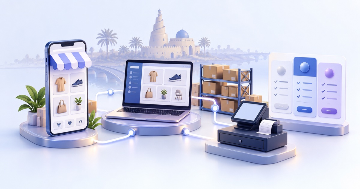 3D illustration of mobile storefront and laptop catalog connected to POS stock and a monthly plan comparison card