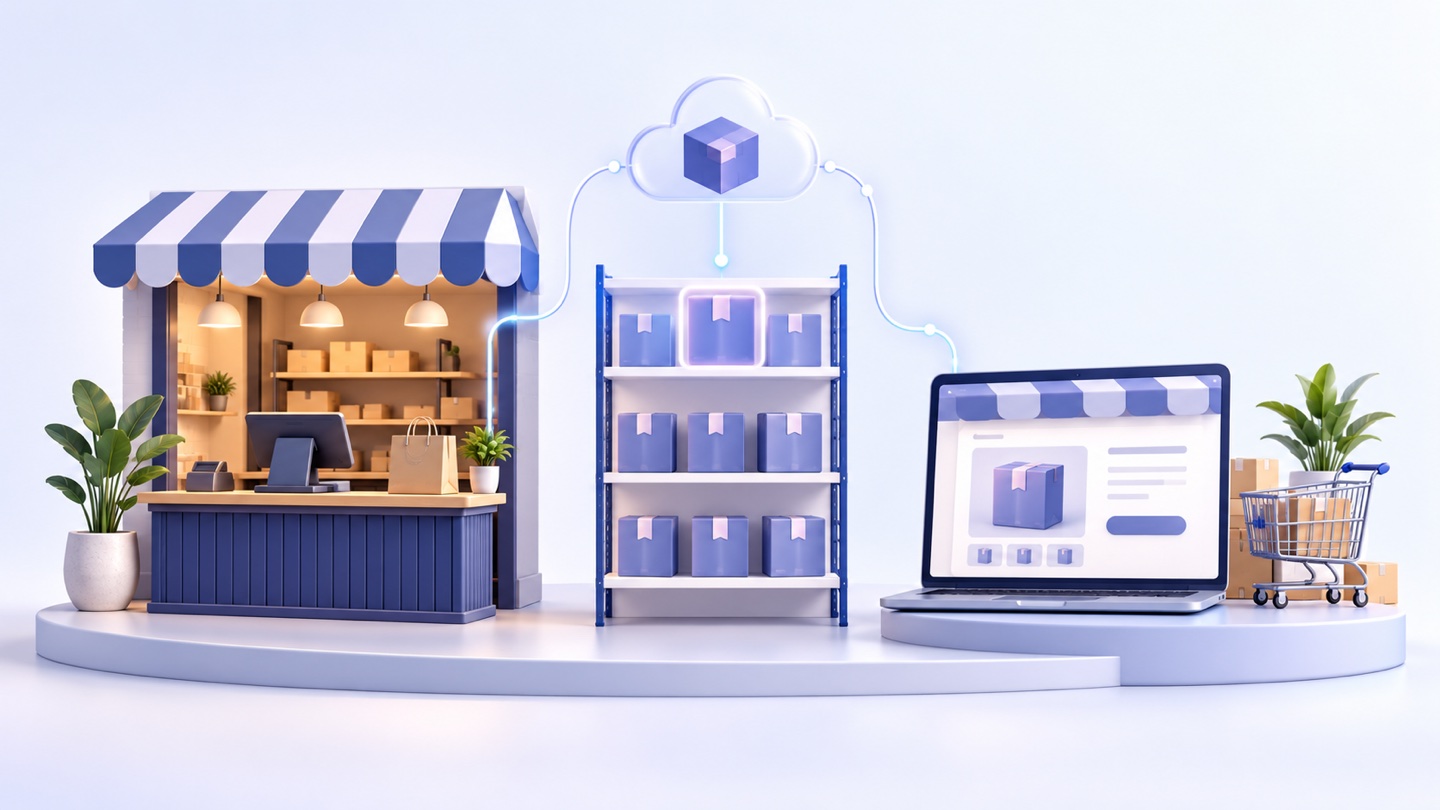 3D illustration of physical shop POS and online store sharing a product shelf and one stock record