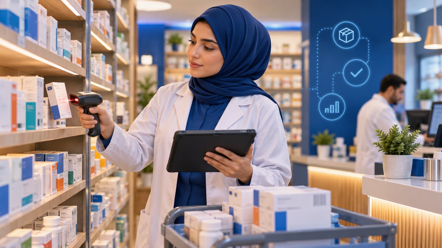 Pharmacist scans medicine batches and checks shelf stock