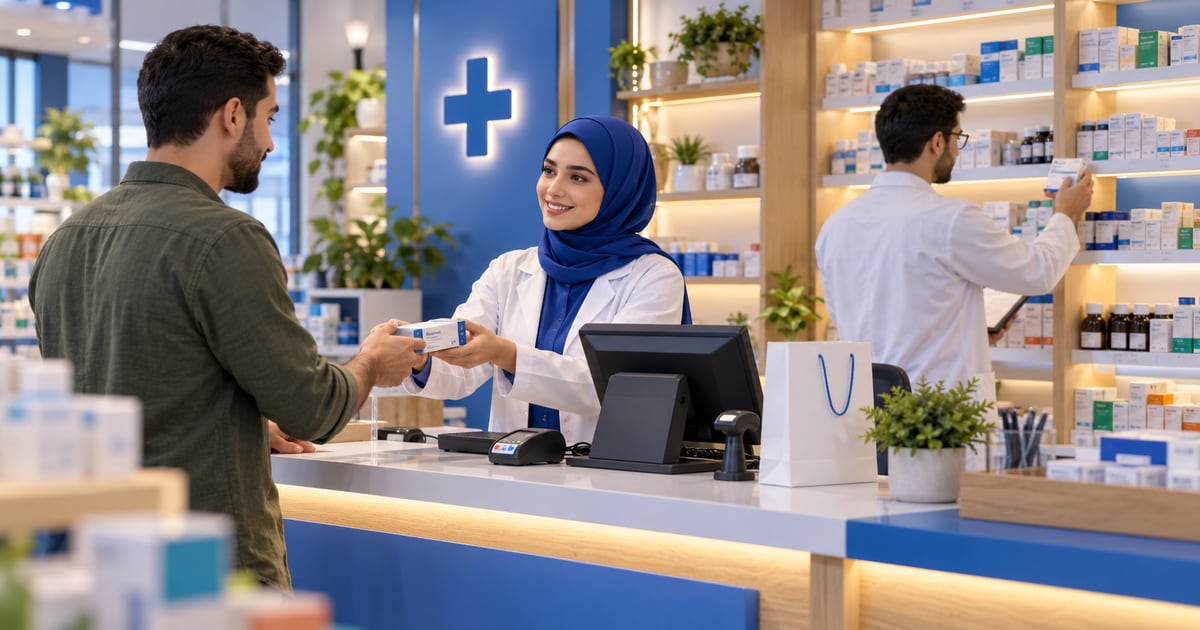 Pharmacy staff use POS while checking medicine shelves and stock