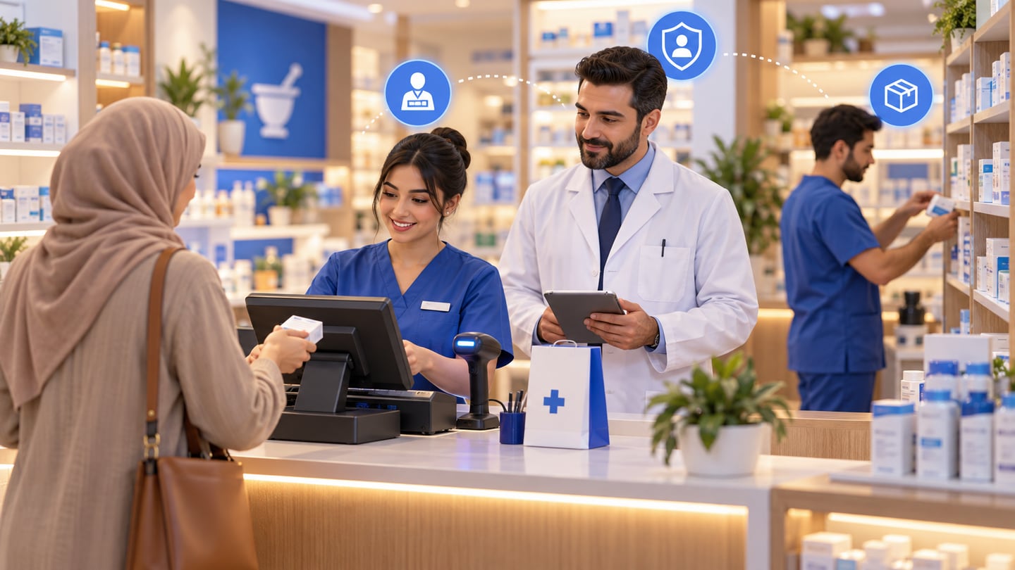 Pharmacist, cashier and stock assistant perform separate pharmacy roles