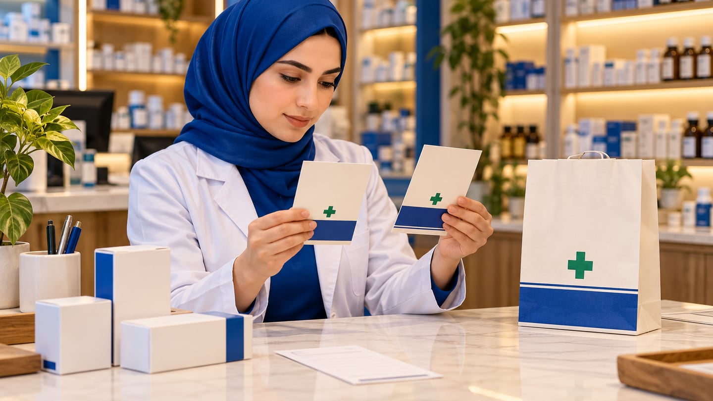 Pharmacist reviewing paper-bag label samples beside coordinated packaging and a sample receipt