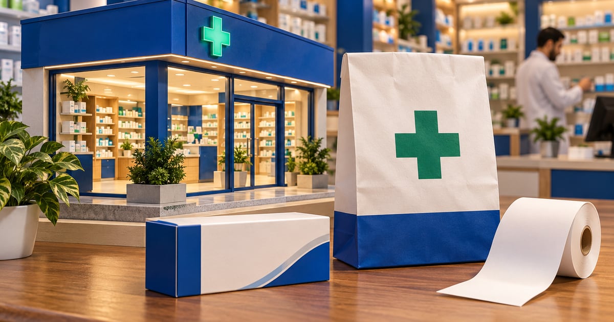 Pharmacy storefront model with a green cross, matching paper bag, plain carton and receipt roll
