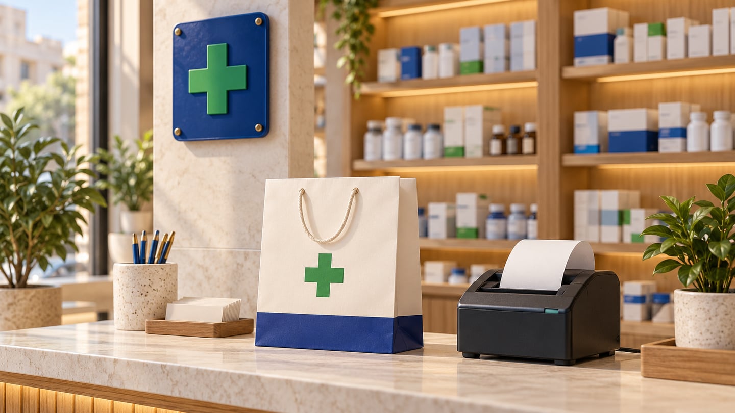 Pharmacy sign, paper bag and receipt printer with coordinated blue and green identity details