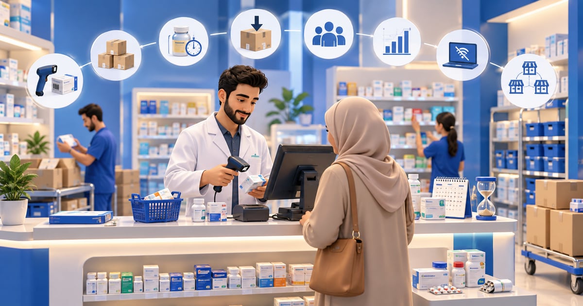مشهد ثلاثي الأبعاد يوضح كاشير صيدلية في العراق: مبيعات ومخزون وتقارير ومعدات العمل المرتبطة به