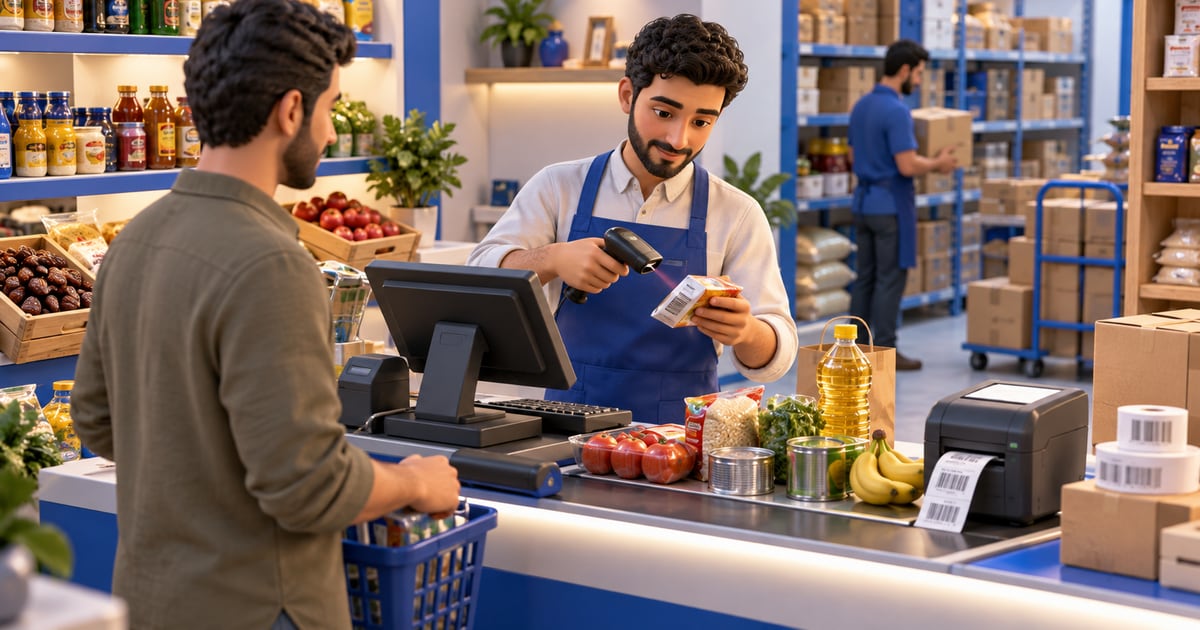 3D scene illustrating POS with Barcode in Iraq: Faster Checkout and Stock Control and its day-to-day business workflow