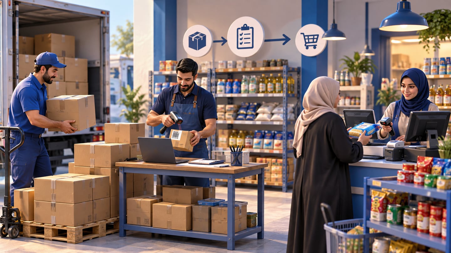 3D illustration of how barcode pos connects to purchases for POS with Barcode in Iraq: Faster Checkout and Stock Control
