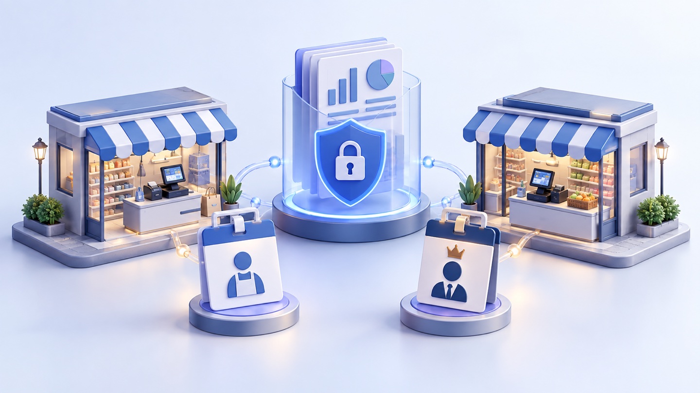 3D illustration of cashier and manager access badges at two shop branches with protected report panel