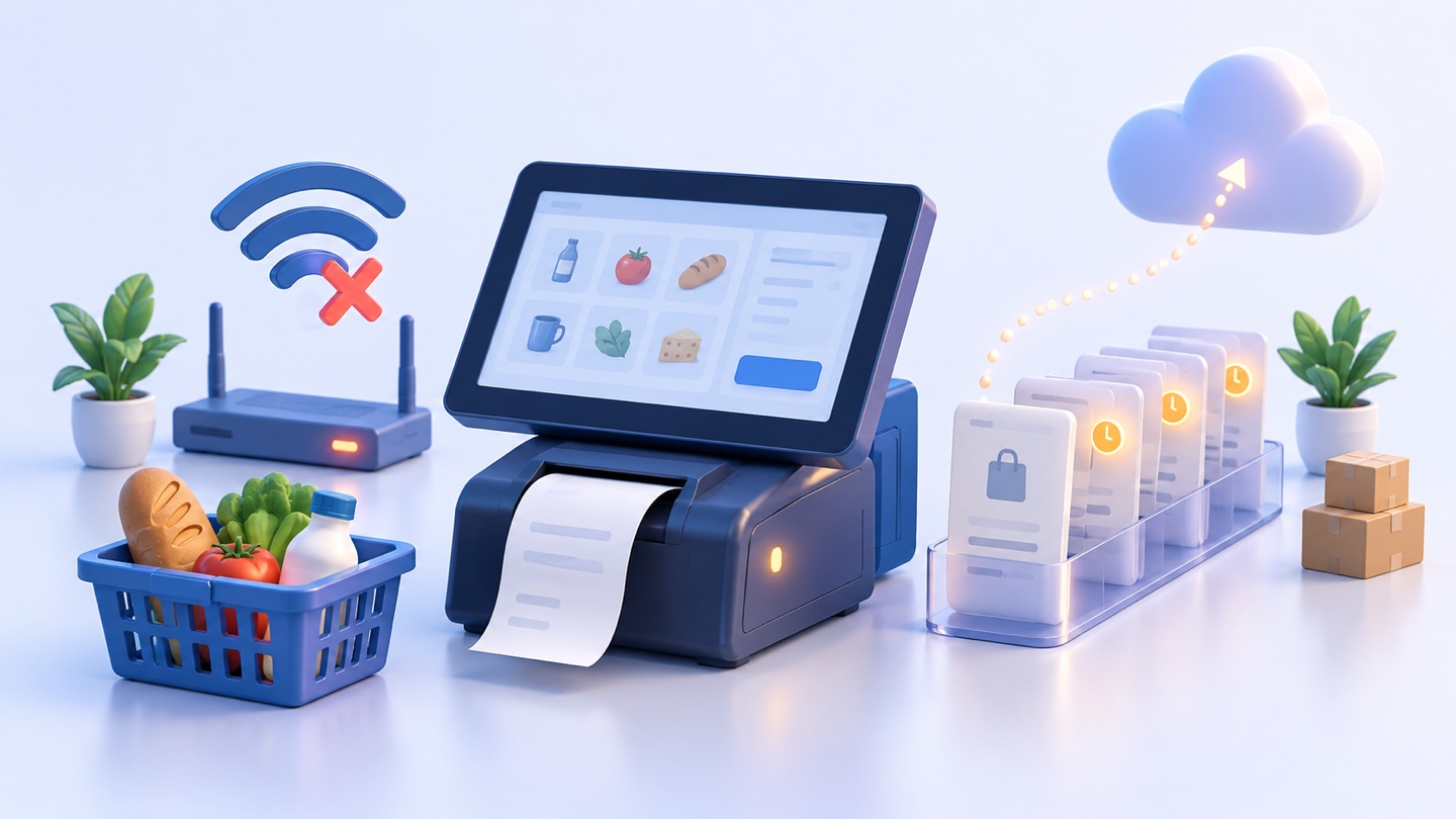 3D illustration of POS printing a sale during disconnected internet with queued transactions for later sync