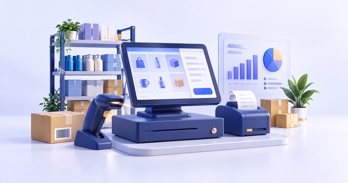 3D illustration of modern retail POS with barcode scanner, receipt printer, stock shelf and owner report