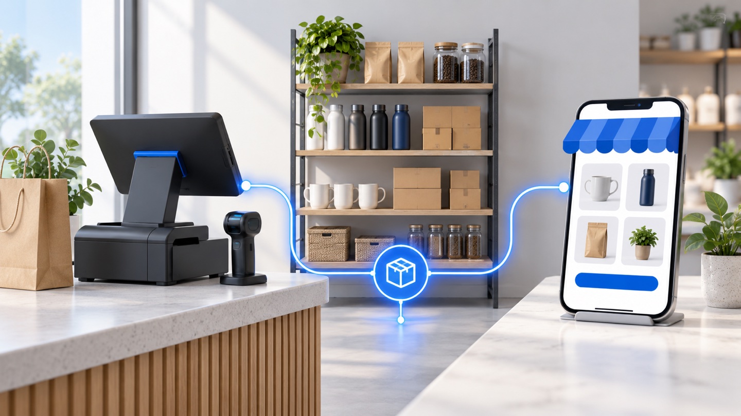 3D illustration of a POS and online store sharing one stock shelf