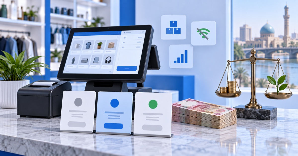 POS terminal with unlabeled plan cards, cash, a feature chart and a value scale