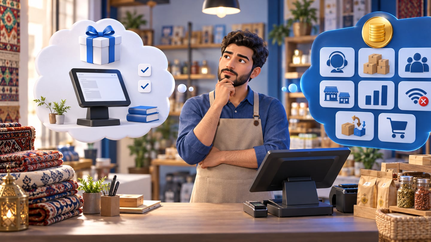 3D illustration of free vs paid cashier software for Cost of POS System in Iraq: Price and Feature Guide