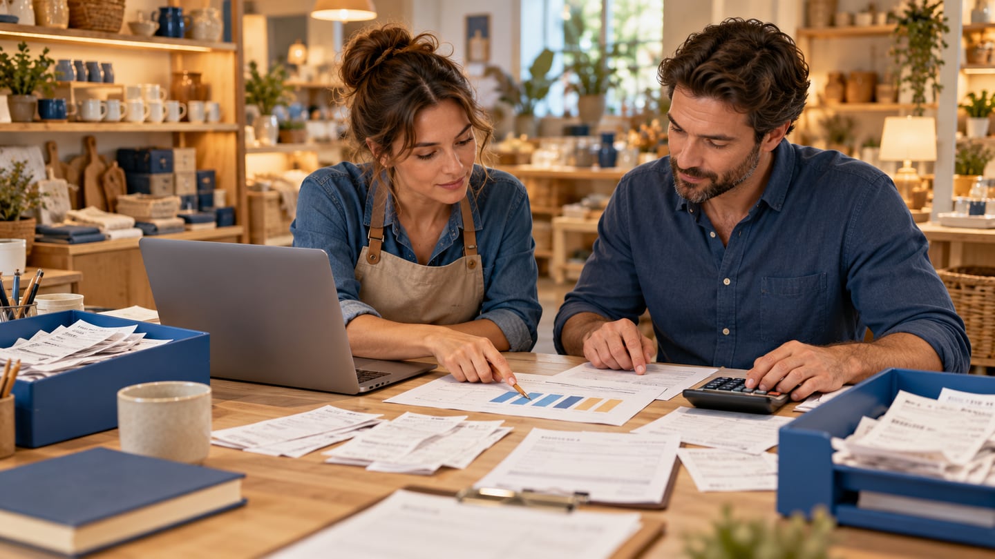 Shop owner and bookkeeper comparing paper sales records and expense documents beside a calculator