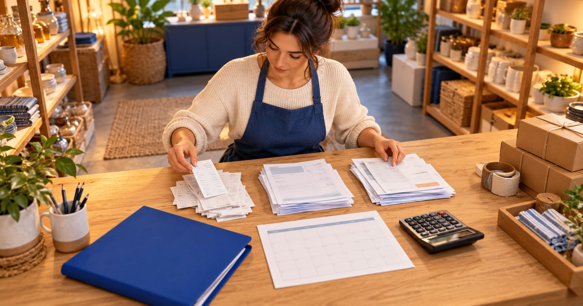 Shopkeeper sorting sales receipts, supplier documents and operating bills beside a calculator and monthly summary sheet