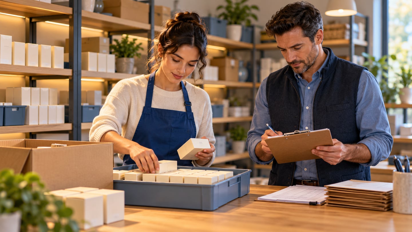 Worker counting boxed stock while an owner checks a stock-count sheet and supplier documents