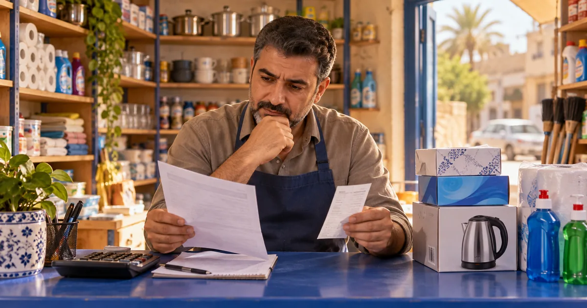 Iraq shop owner comparing a sale receipt with the cost of stocked goods to understand profit margin