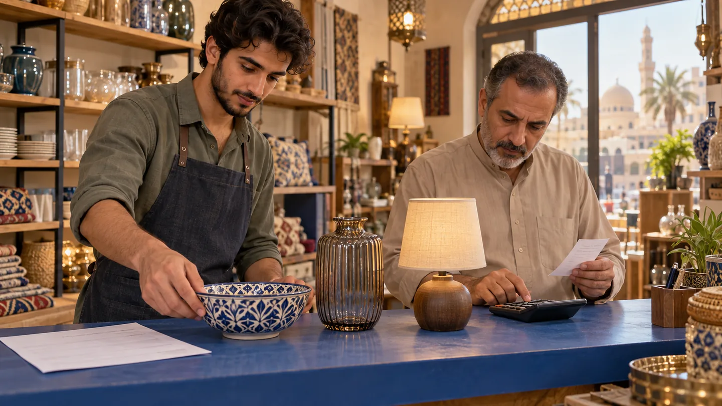 Shop worker checks purchase invoices against physical products before comparing sale prices