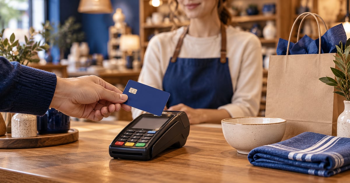 Blue payment card above a card terminal beside a ceramic bowl, folded towel and shopping bag