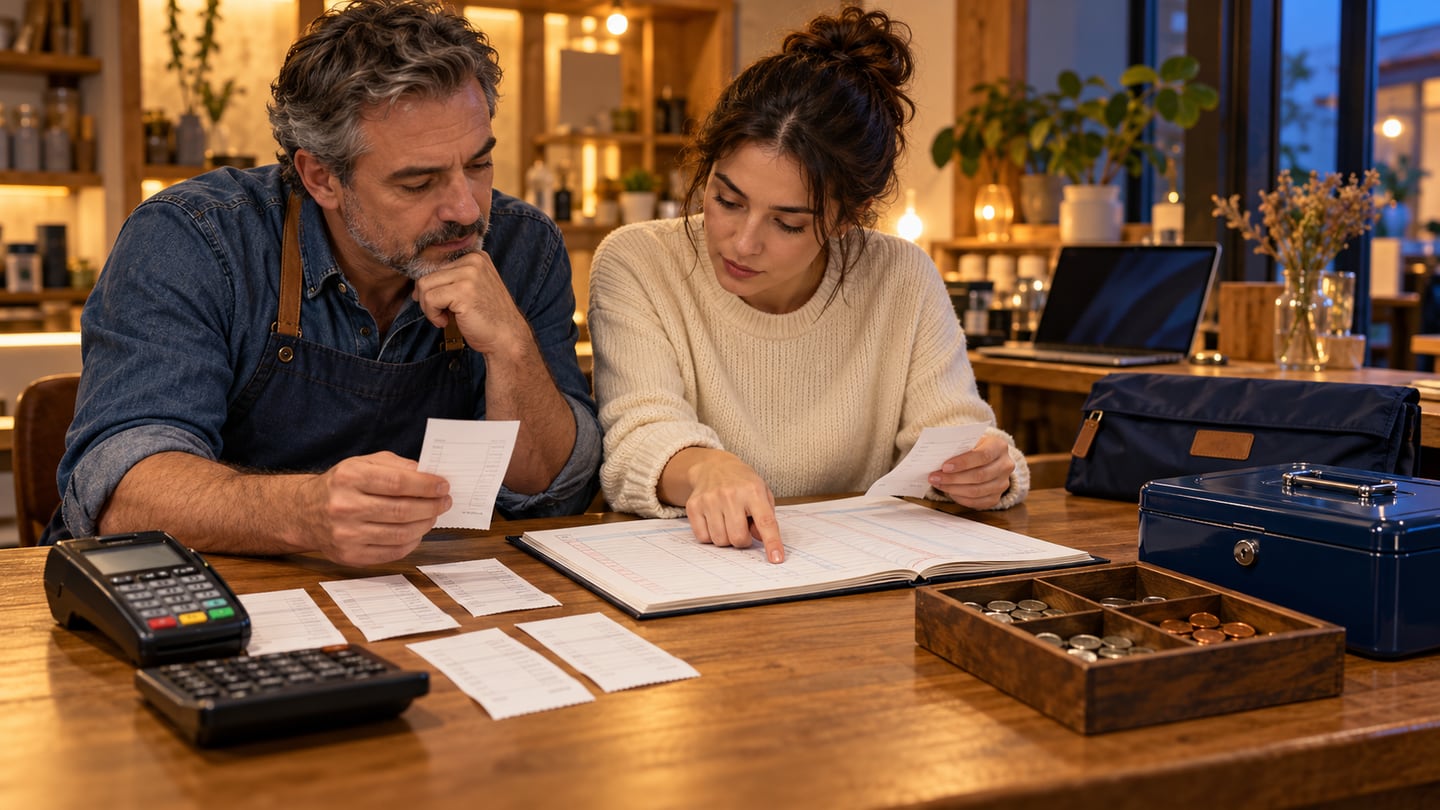 Shopkeeper and accountant matching terminal receipts to records with cash kept separately
