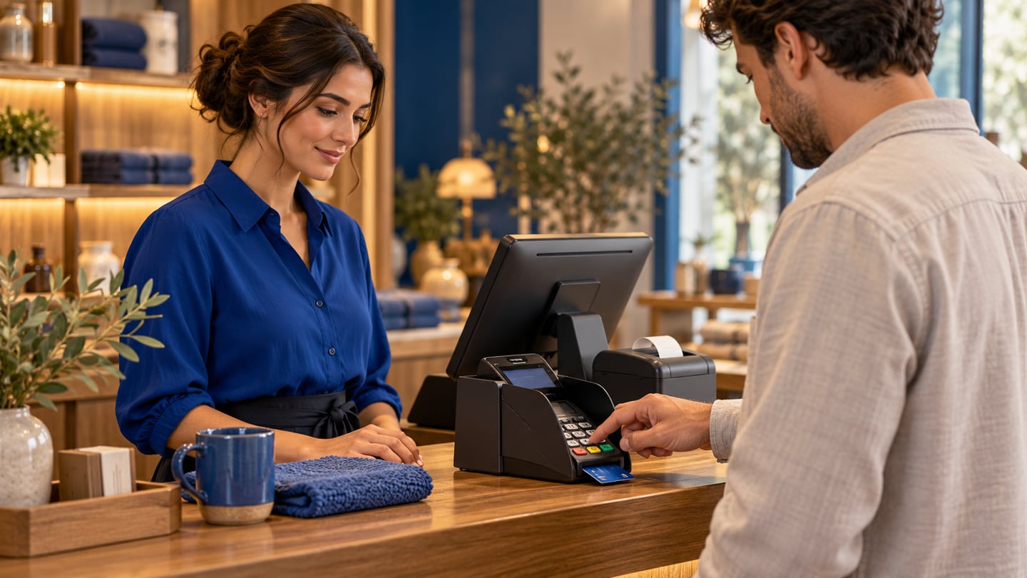Customer using a payment terminal while the cashier waits beside the goods and receipt printer