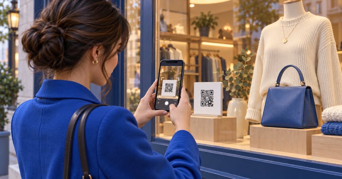 امرأة تمسح لافتة QR في نافذة محل ملابس بجانب كنزة كريمية وحقيبة زرقاء