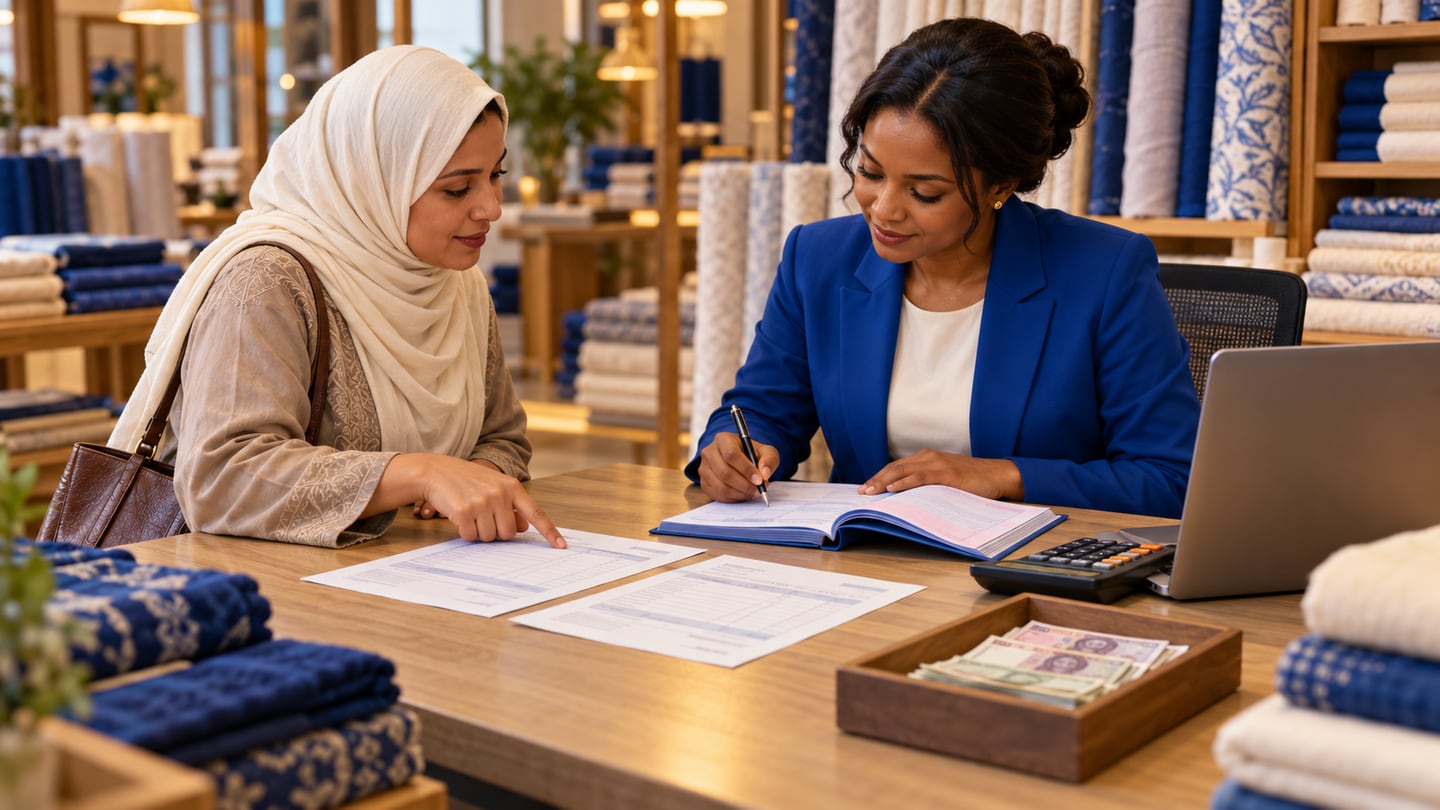 Accounts worker writing in a receipt book while a customer points to earlier invoice papers at a textile counter