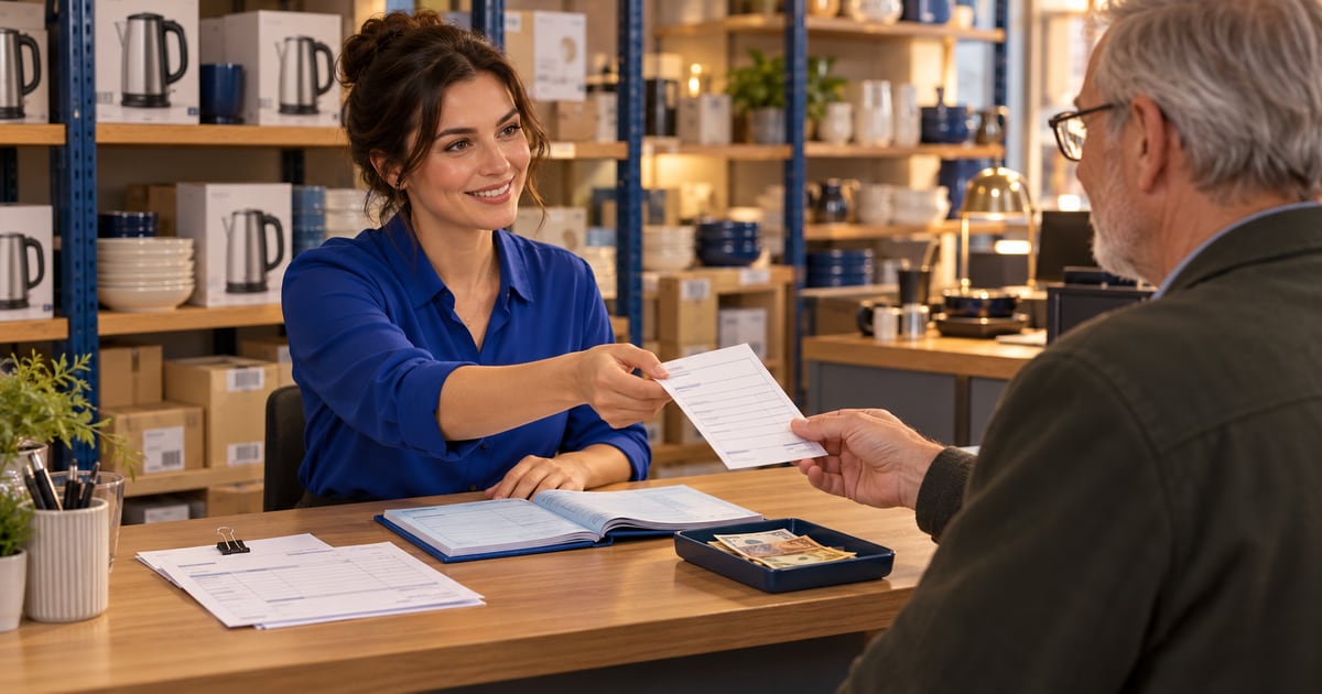 Accounts clerk handing a collection receipt to a customer beside a duplicate receipt book, earlier invoice papers and a cash tray