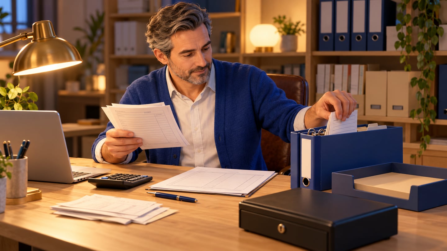 Shop owner comparing collection papers with a daily closing sheet and filing them into a blue ring binder beside a calculator