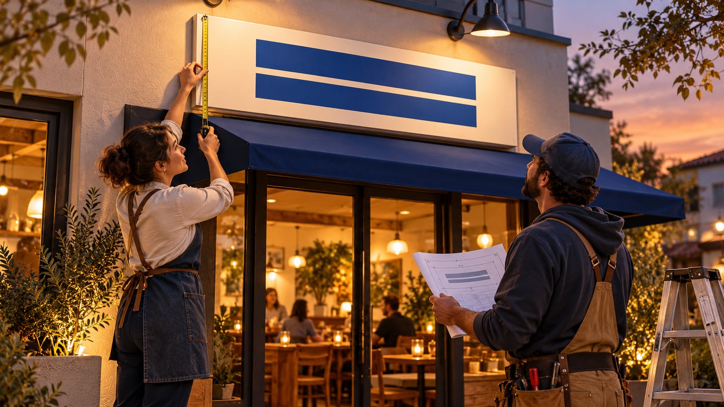 Restaurant owner and sign maker measuring a physical sign mockup outside the entrance