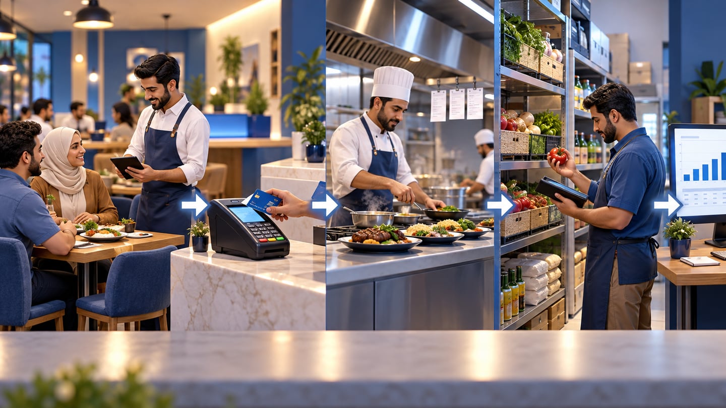 3D illustration of ordering workflows to compare for Restaurant Ordering System in Iraq: From Table to Report