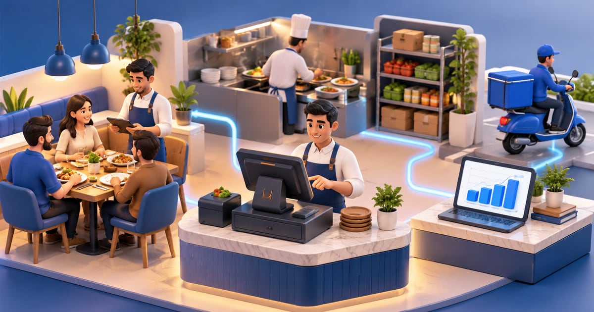 3D scene illustrating Restaurant Ordering System in Iraq: From Table to Report and its day-to-day business workflow