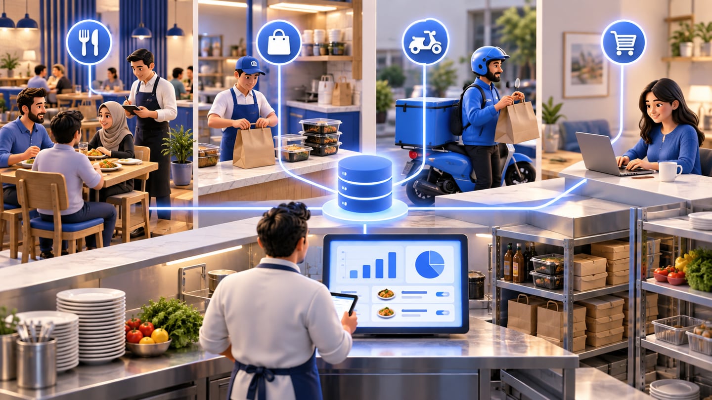 3D illustration of dine-in, takeaway, delivery, and online orders for Restaurant Ordering System in Iraq: From Table to Report